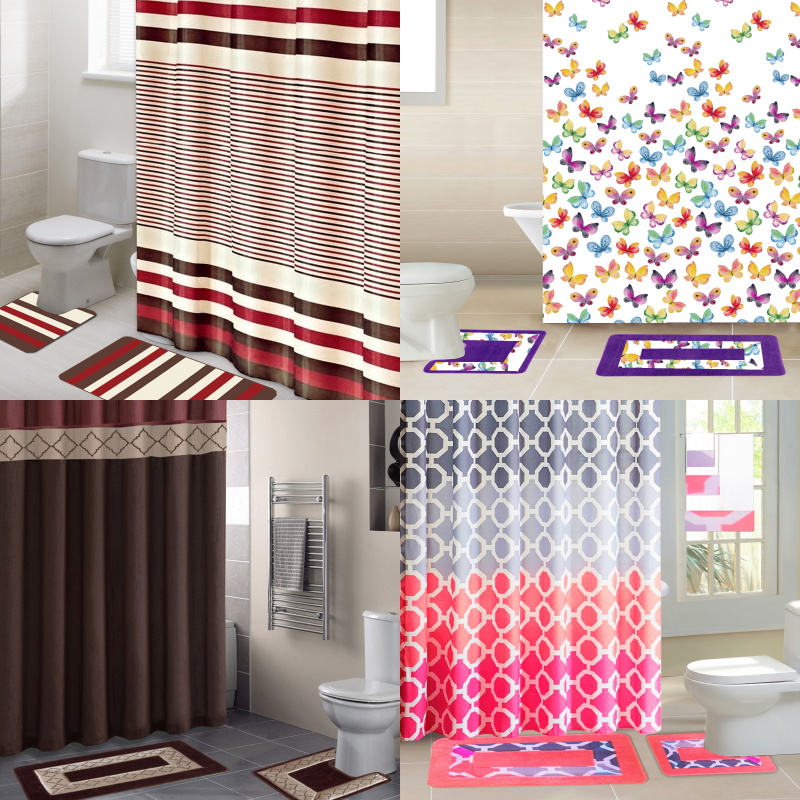 All Seasons 15pc Bathroom Set Shower Curtain Fabric Hooks  Bath Mats Rugs New