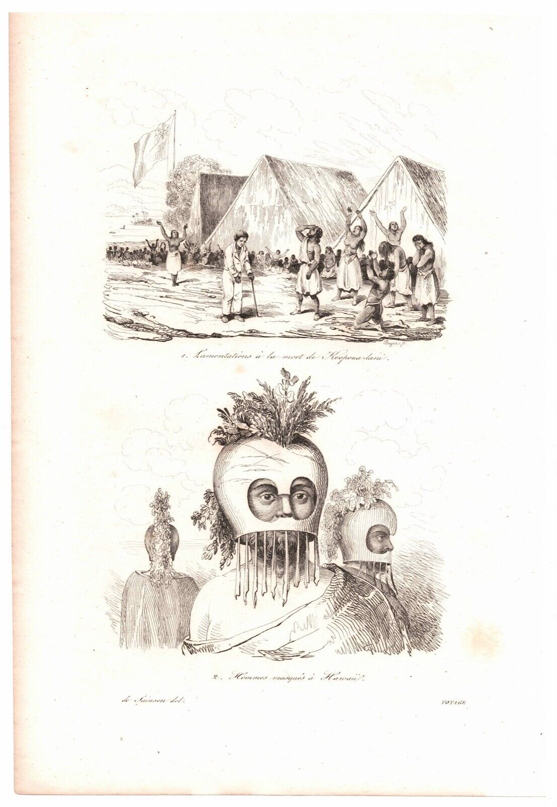 1834 Dumont D'urville Engraving ~ Kapiolani Mourning Masked Sandwich Is ~ Hawaii