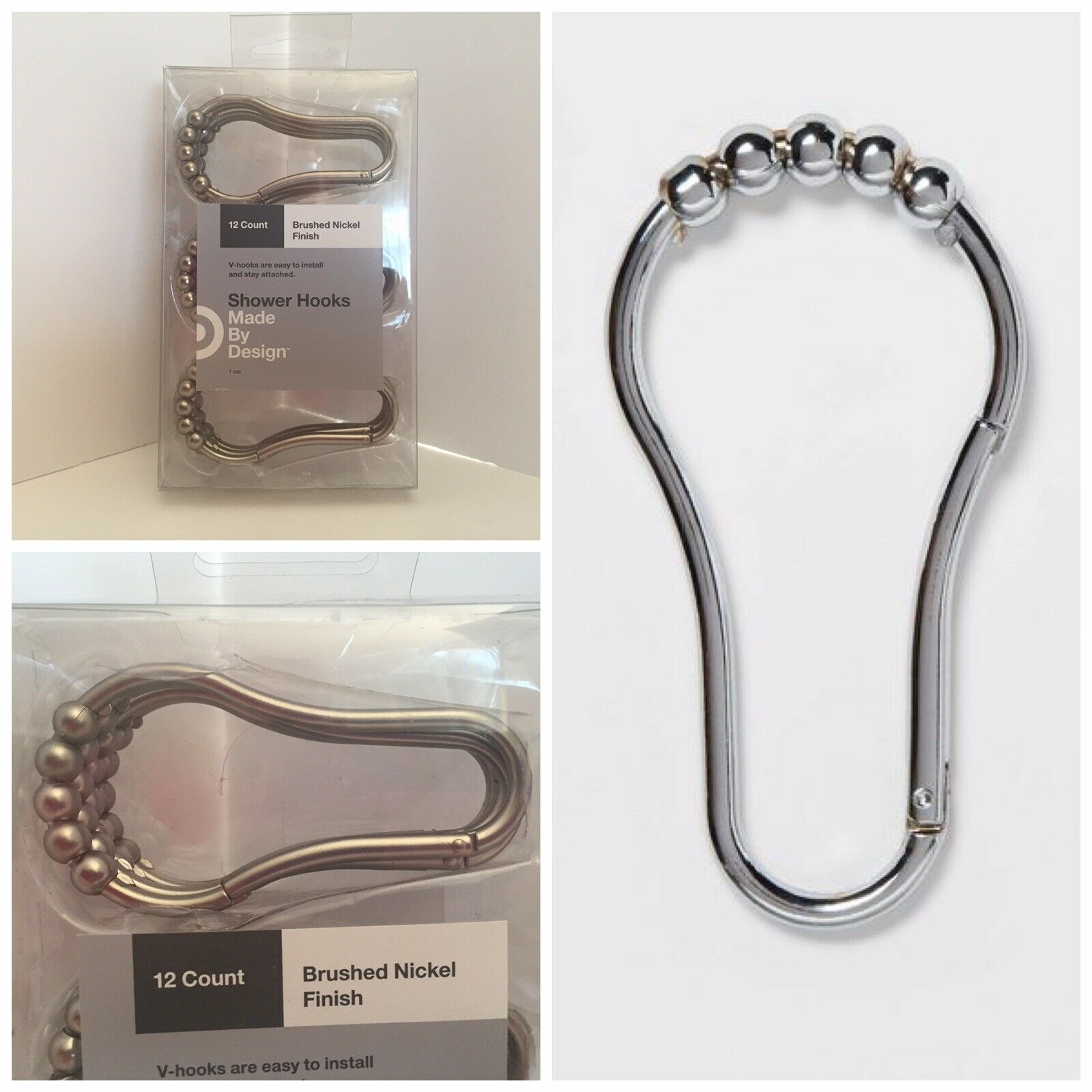 Made By Design Shower Hooks - Brushed Nickel Finish - V Hooks - Set Of 12 - New