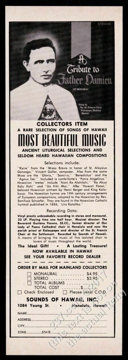 1963 Father Damien Of Molokai Hawaii Photo Tribute Record Vintage Print Ad