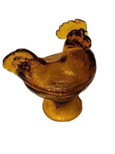 Vintage Amber Standing Rooster  Candy Dish