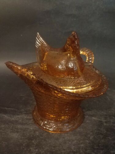 Vintage Westmoreland Chicken On 2 Handled Basket -- Peach Colored Glass
