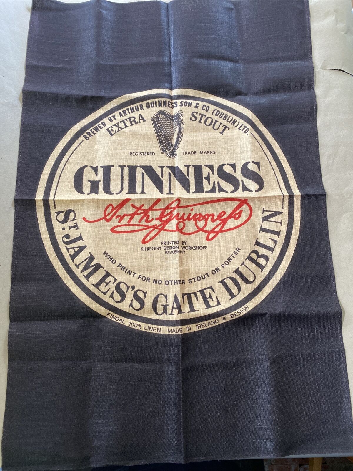 Guinness Pure Irish Linen Bar Towel Black & Gold Arthur Guinness Extra Stout