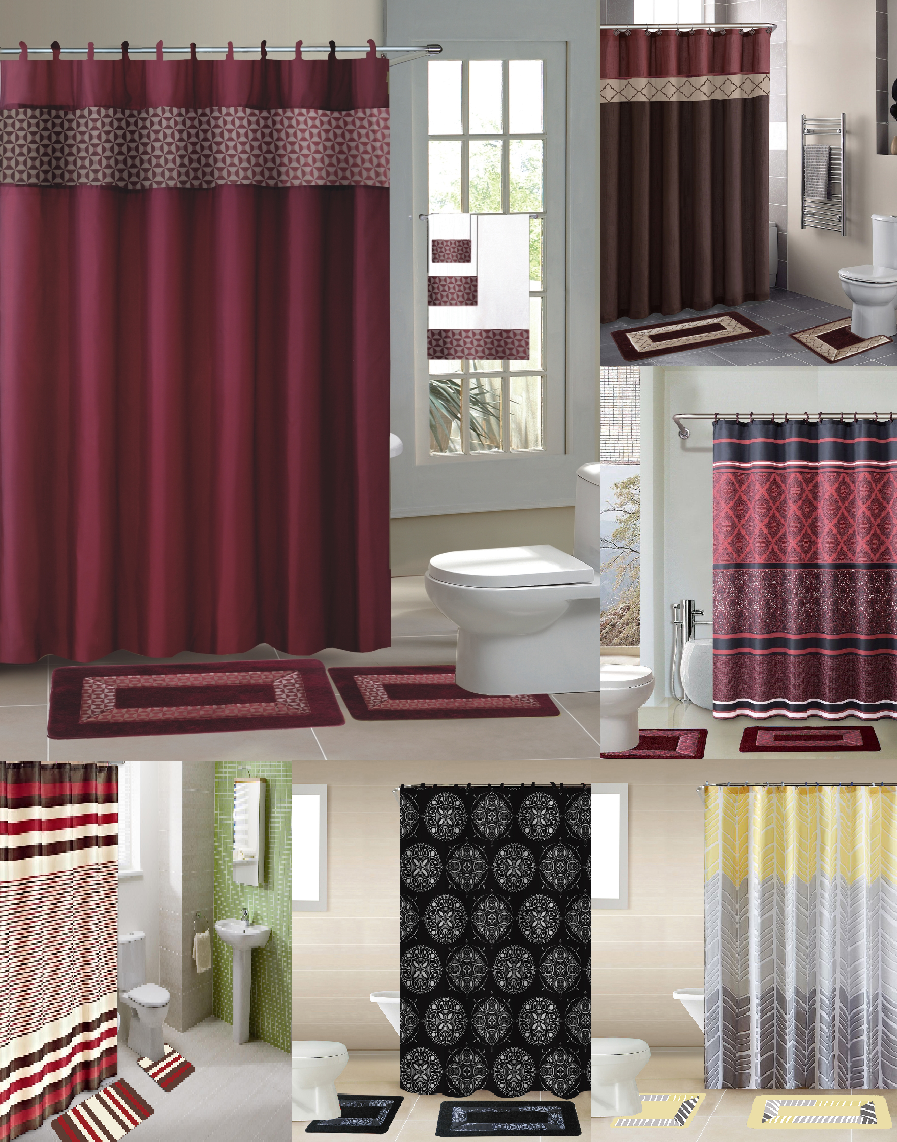 15pc Shower Curtain Fabric Hooks  Bath Mats Rugs Complete Bathroom Set Gr2