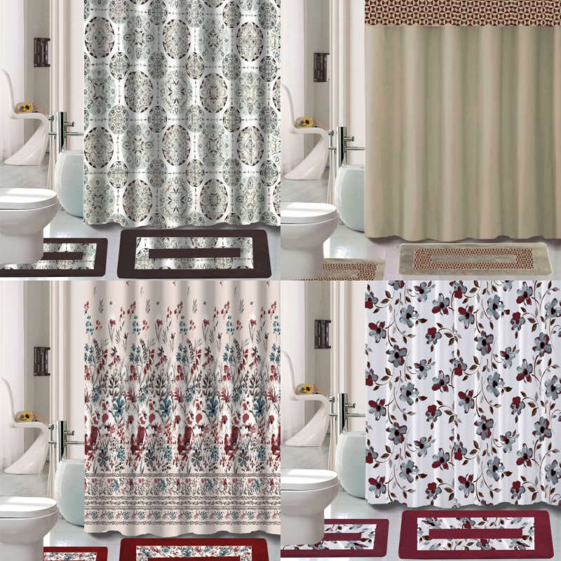 15pc Shower Curtain Matching Fabric Hooks  Bath Mats Rugs Complete Bathroom Set