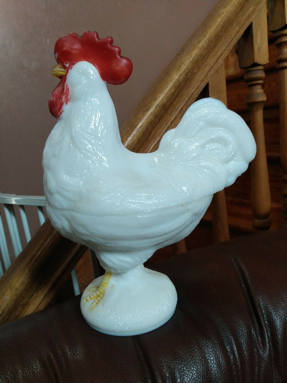 Vintage Westmoreland Milk Glass Standing Rooster Candy Dish  9" High