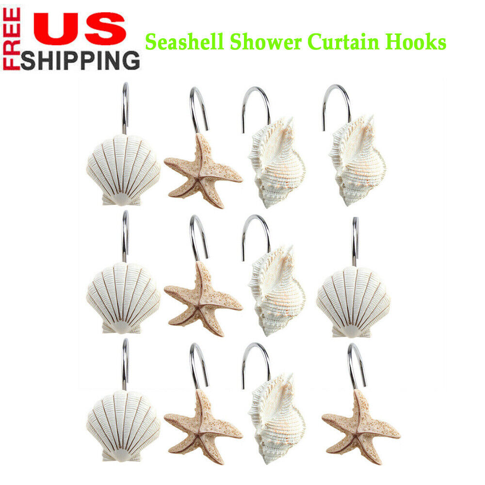 New 12 Pcs Shower Curtain Hooks Bathroom Ocean Beach Starfish Sea Shell Decor Us
