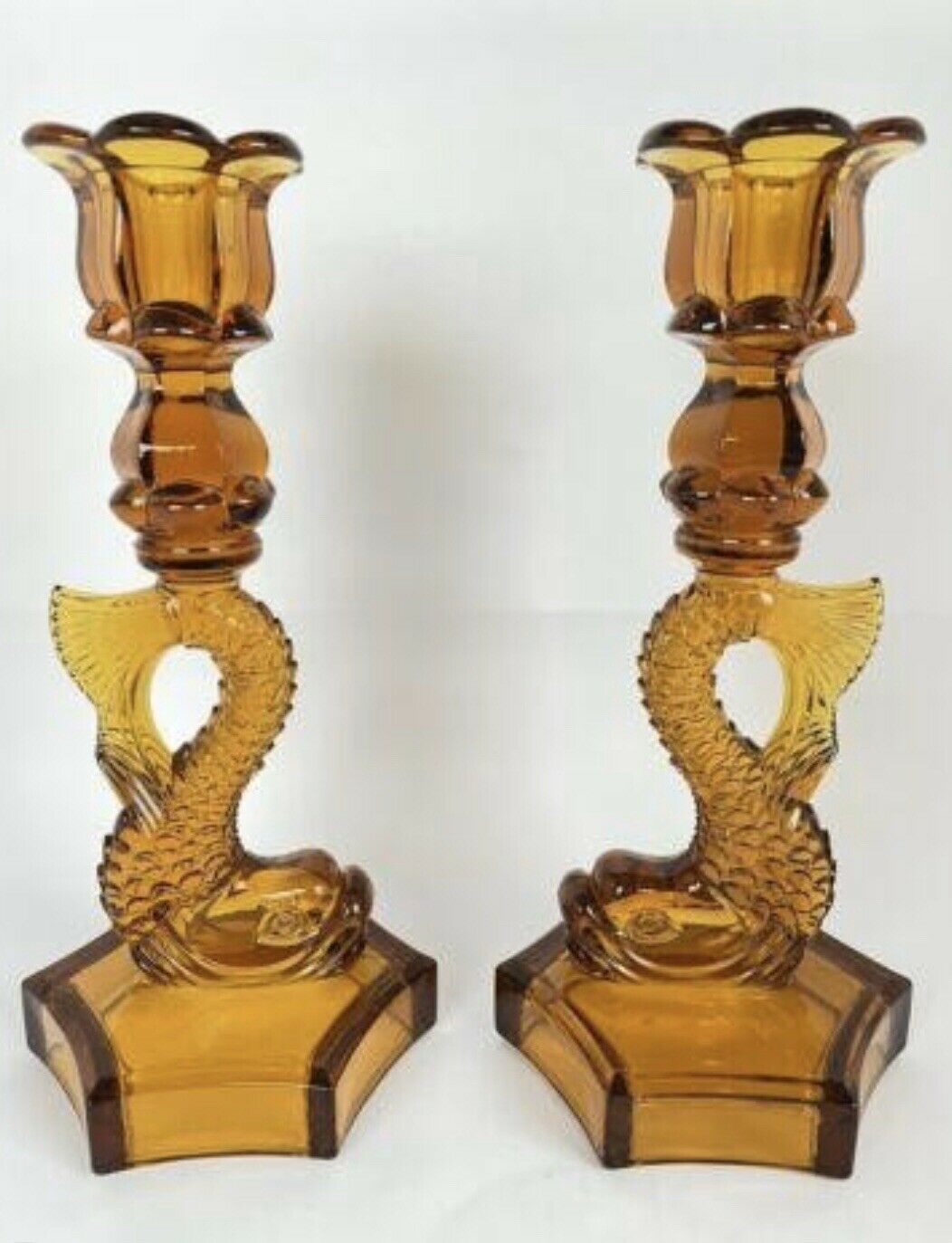 Amber Westmoreland Dolphin Glass Pair Candle Holder Candlestick Koi Fish