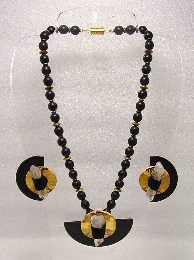 Vtg Artisan Set Necklace Clip Earrings Black Beads Pointy Quartz Crystals