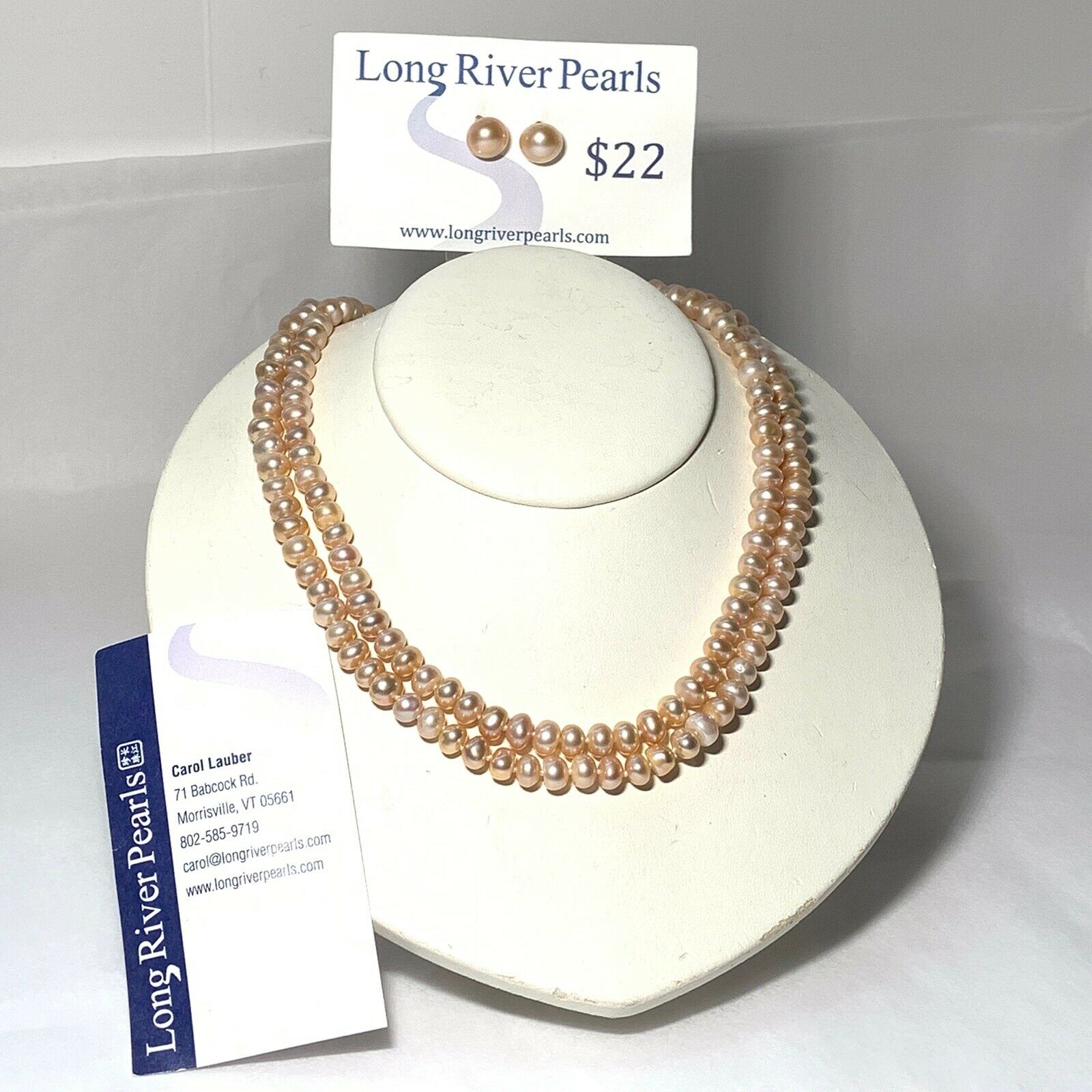 Long River Pearls Necklace Earrings Set Blush Pink 2 Strand Stud Sterling 925