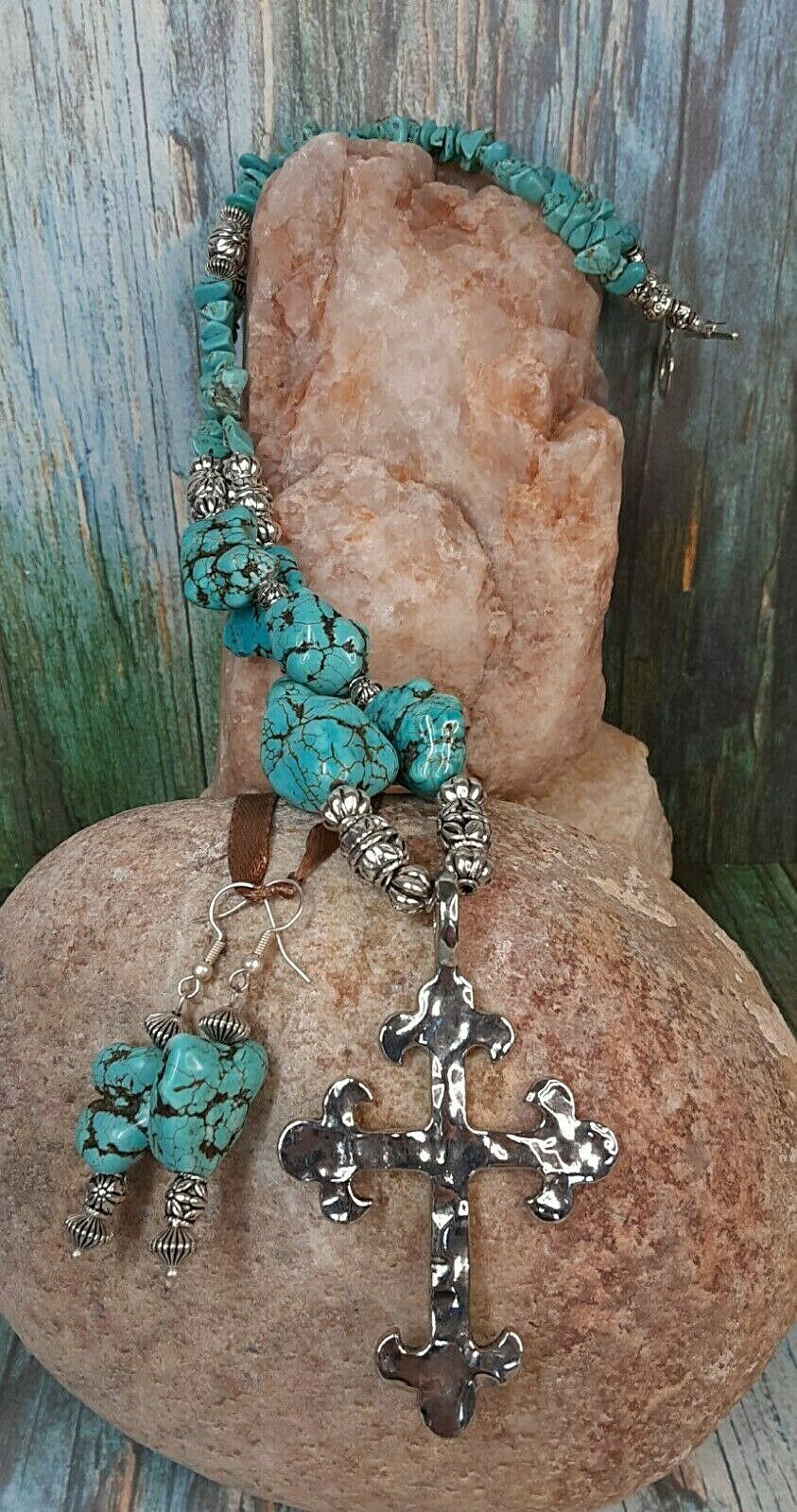Artisan Southwestern Turquoise Blue Nugget Silver Cross Necklace Earring Set