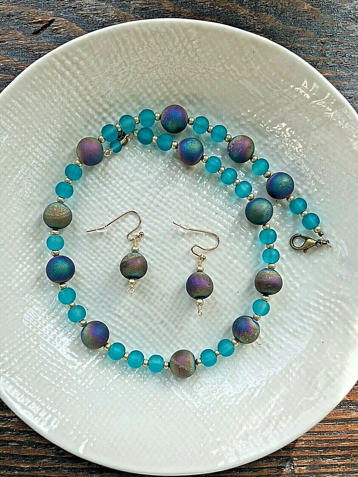 Druzy Quartz Stone And Matte Glass Necklace Earring Set, Blue Handmade In Usa