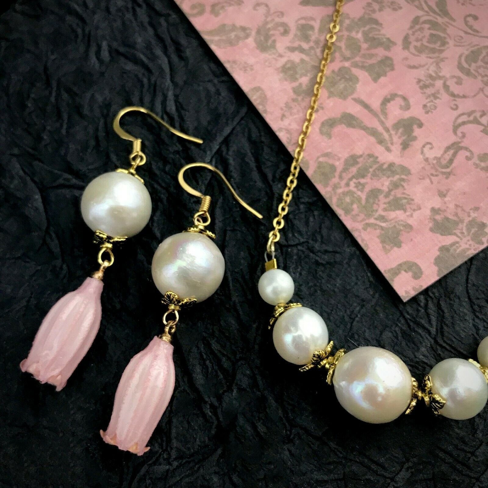 Real Pink Bluebell Earrings Freshwater Pearl Pendant Necklace Jewelry Set