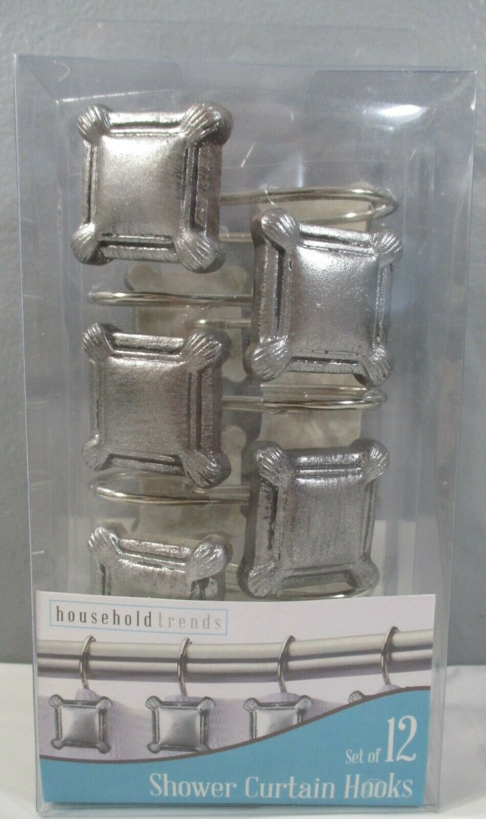 New Set Of 12 Bathroom Shower Curtain Hooks Square Decorative Silver Metal Look