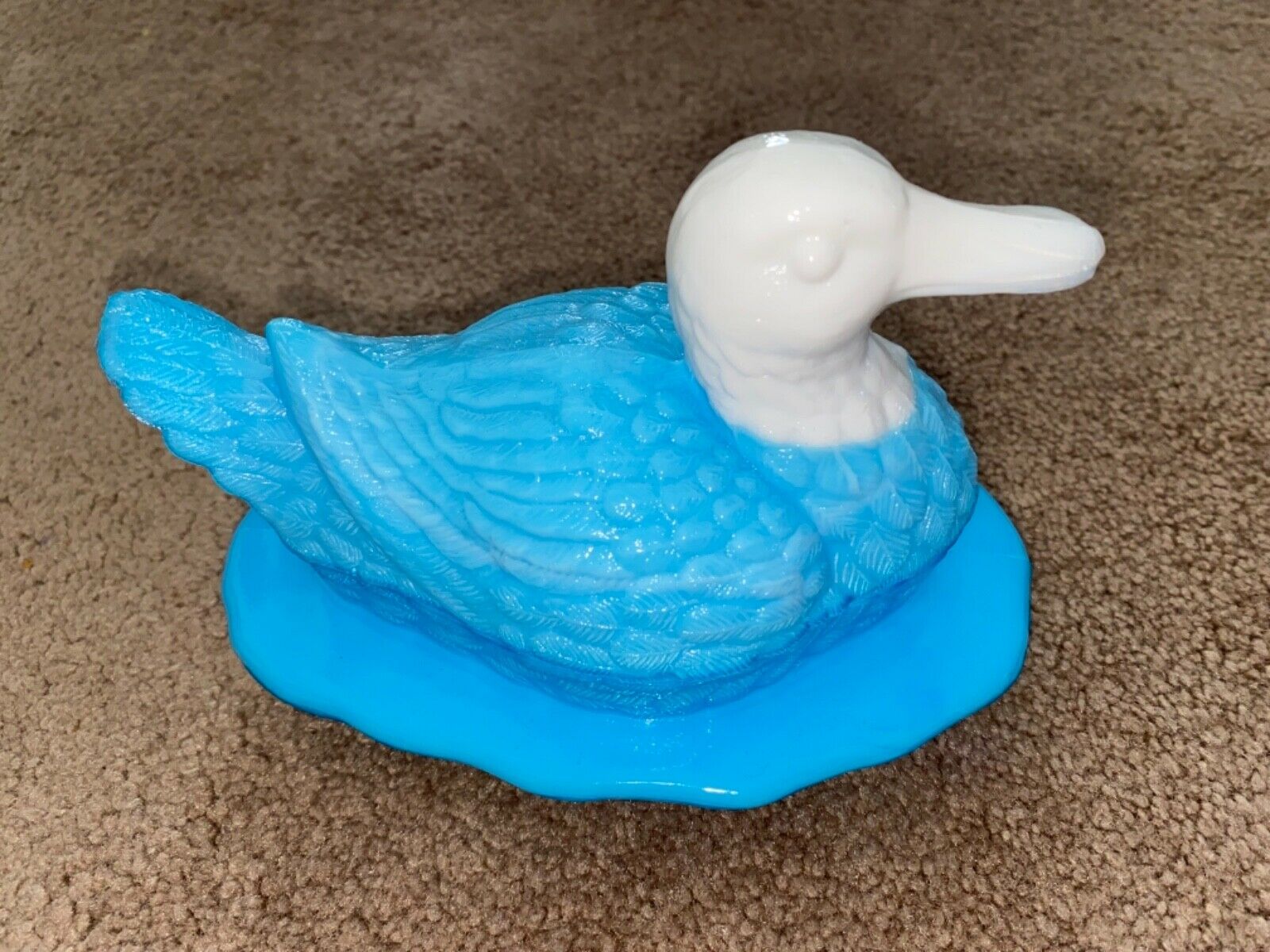 Vintage Rare Color White Head Mallard Duck On A Nest Candy Dish  Blue Milk Glass