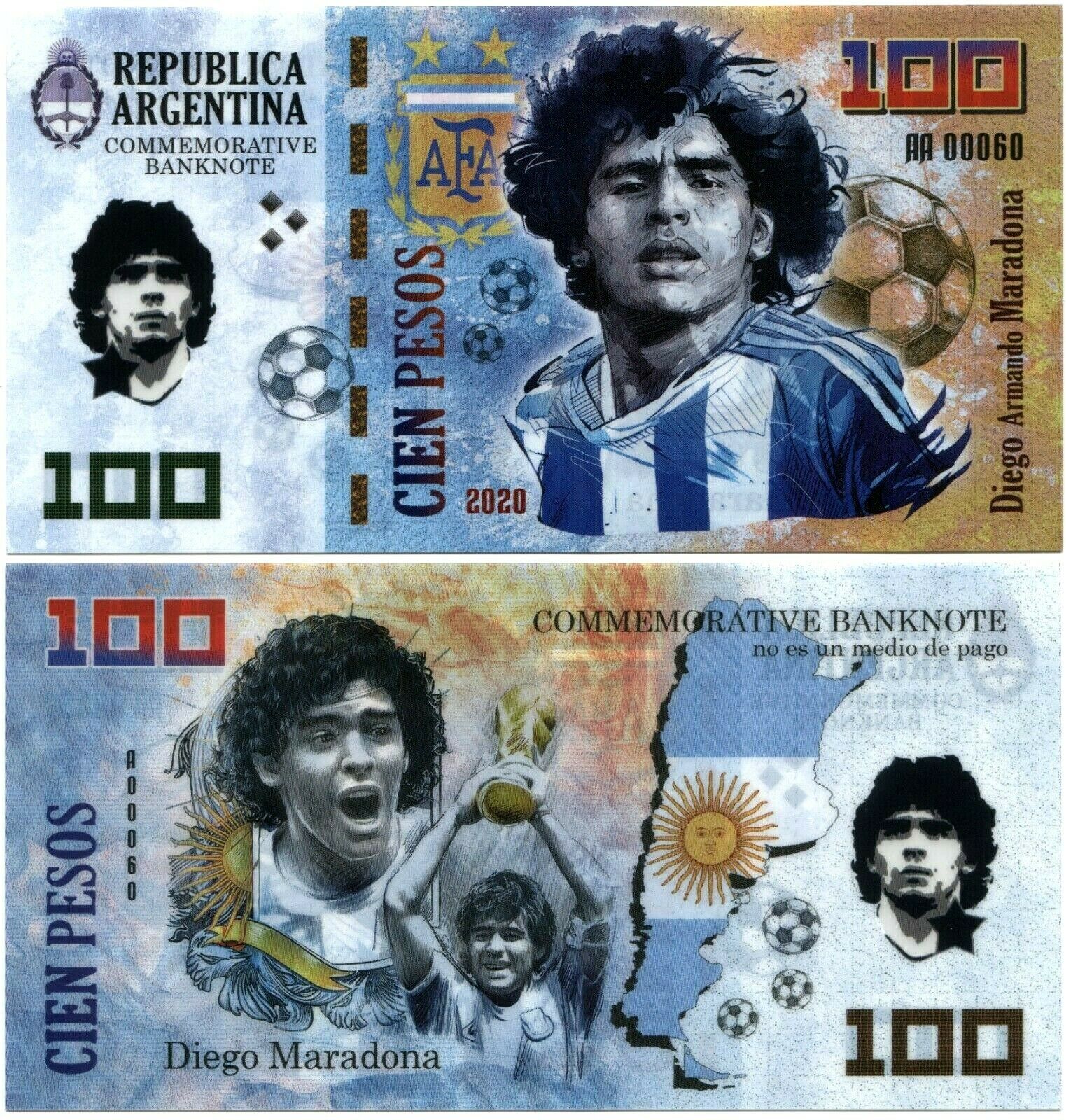 100 Pesos 2020, Diego Maradona, Polymer Souvenir Banknote, Unc