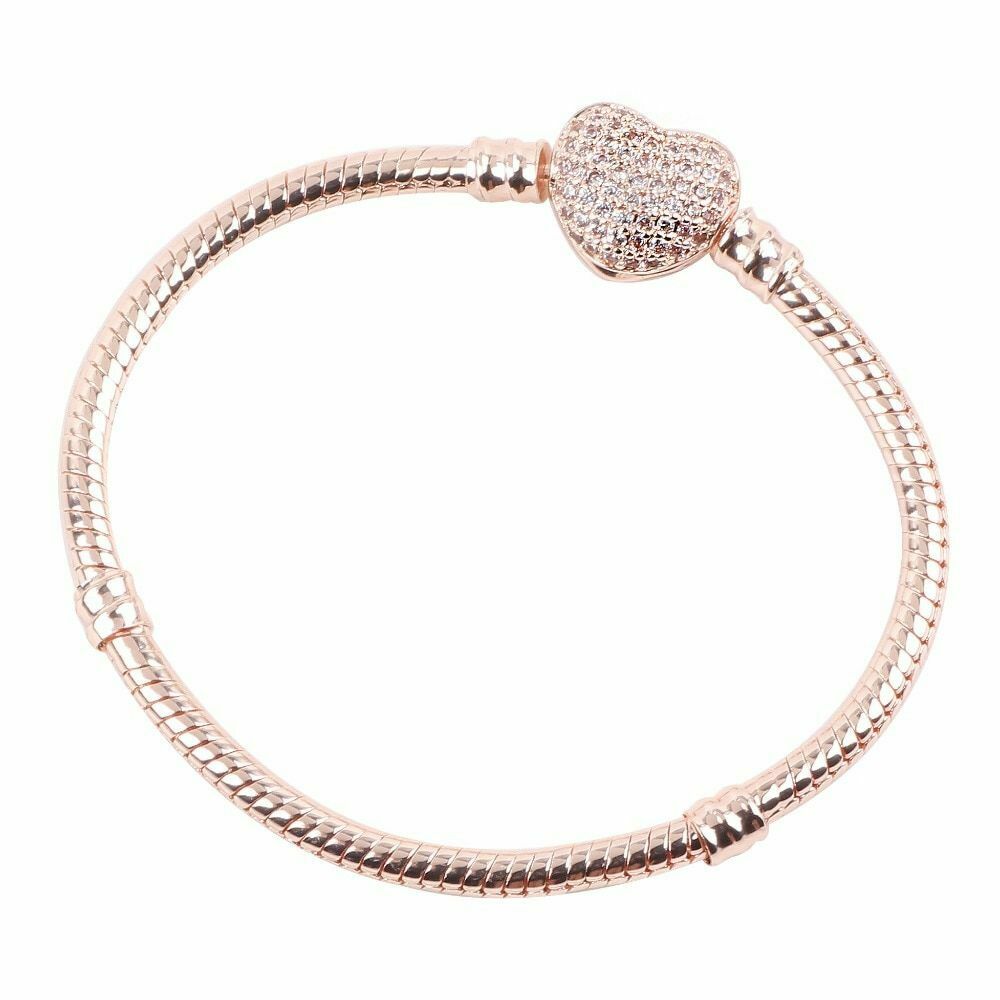 Pandora Authentic Rose Gold Chain Bracelet With Heart Clasp Charm Snake 590710