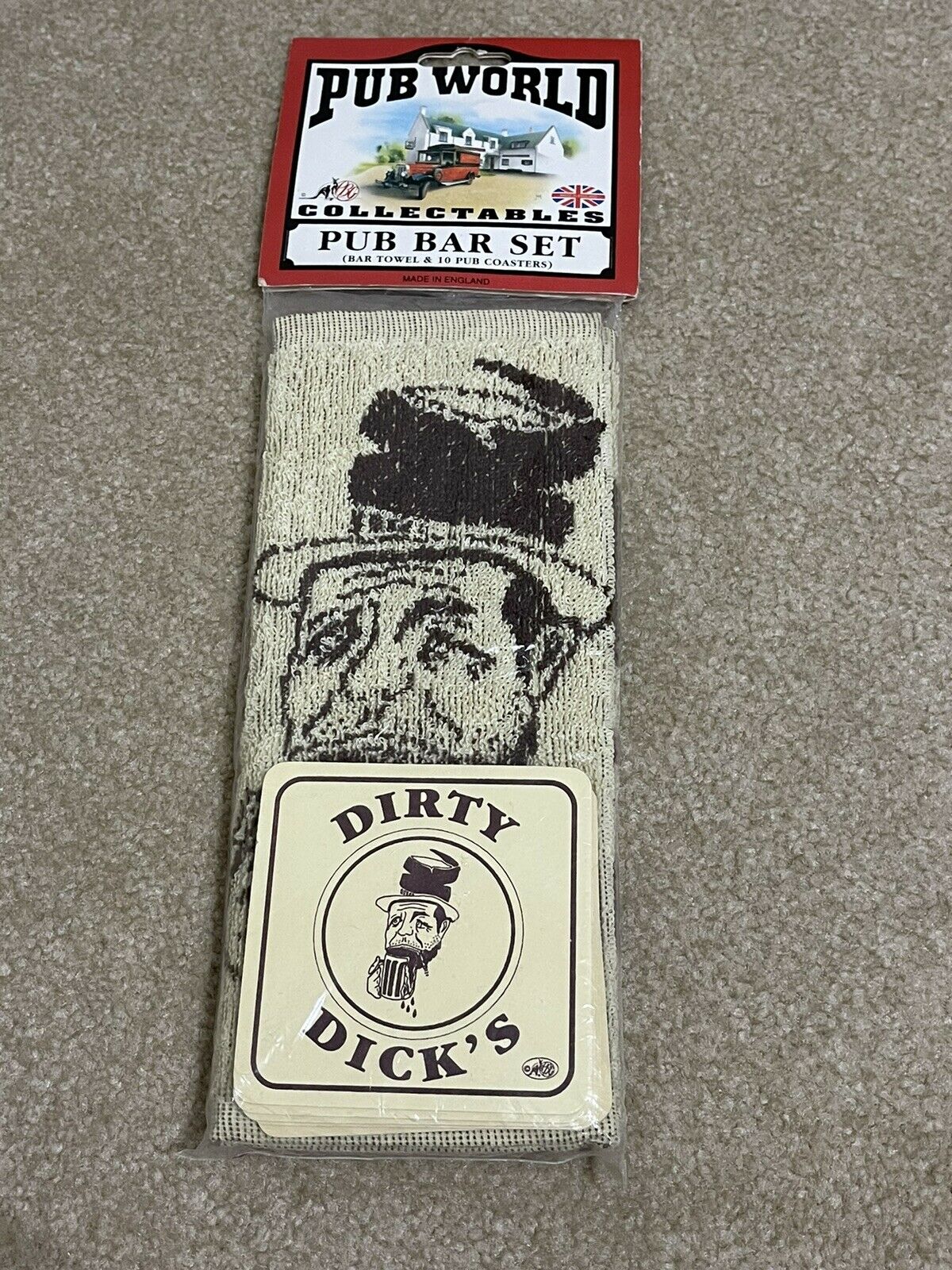 Dirty Dick's Pub World Bar Set Towel & 10 Coasters New Nip Vintage England Pub
