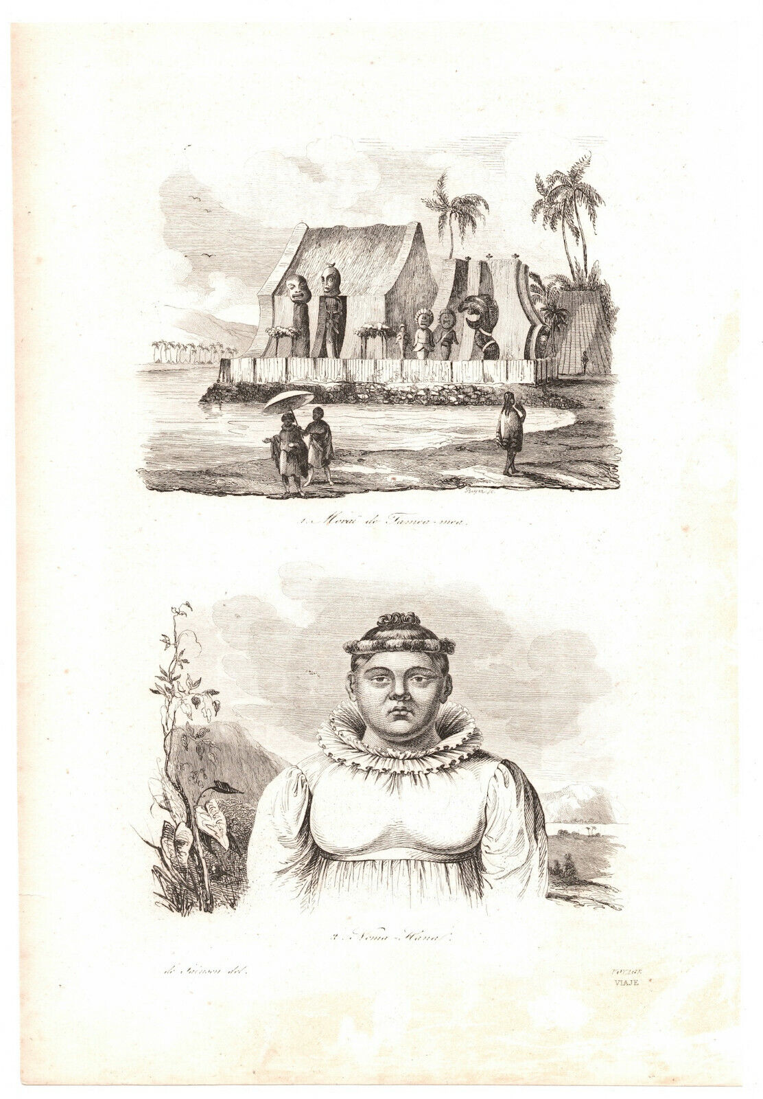 1834 Dumont D'urville Engraving ~ Heiau Tamea-mea Kamehameha / Namahana ~ Hawaii