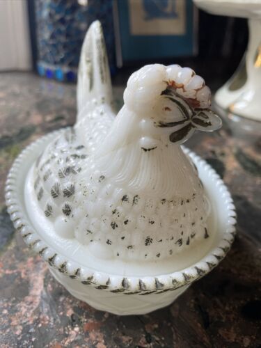 Early Westmoreland Milk Glass Chicken On Nest Covered Dish, Cold Painted