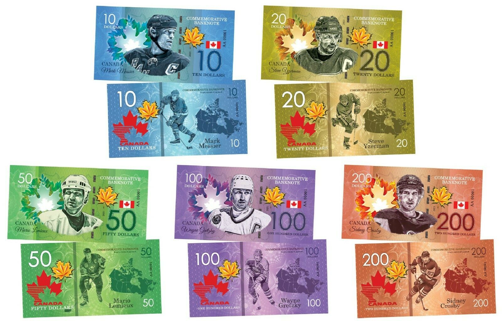 Set Of 5 Banknotes 100 Rubles Yzerman, Messier, Lemieux, Gretzky, Crosby Unc