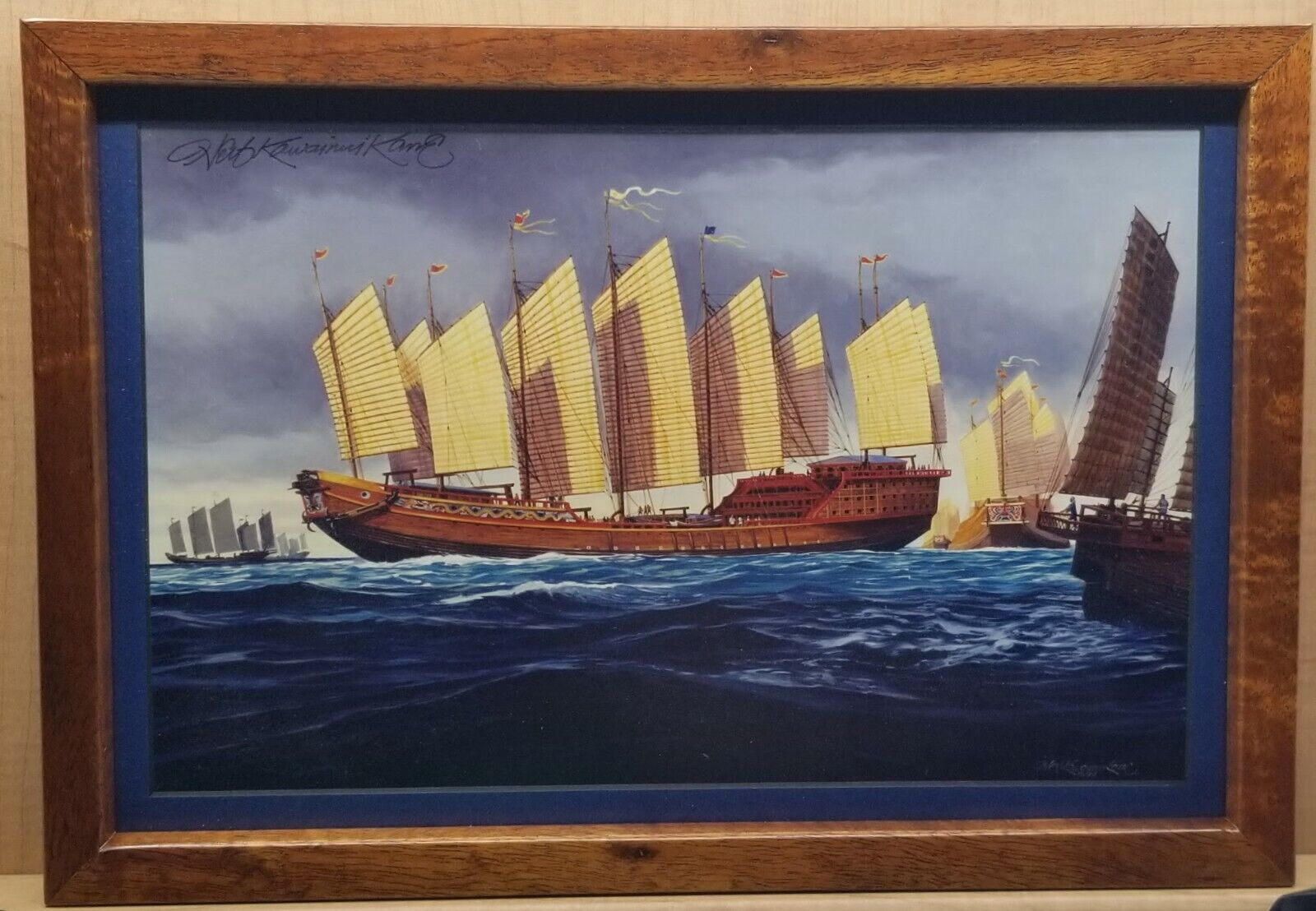 Herb Kawainui Kane Signed Print In Koa Frame Chinese Treasure Ship Ming Navy