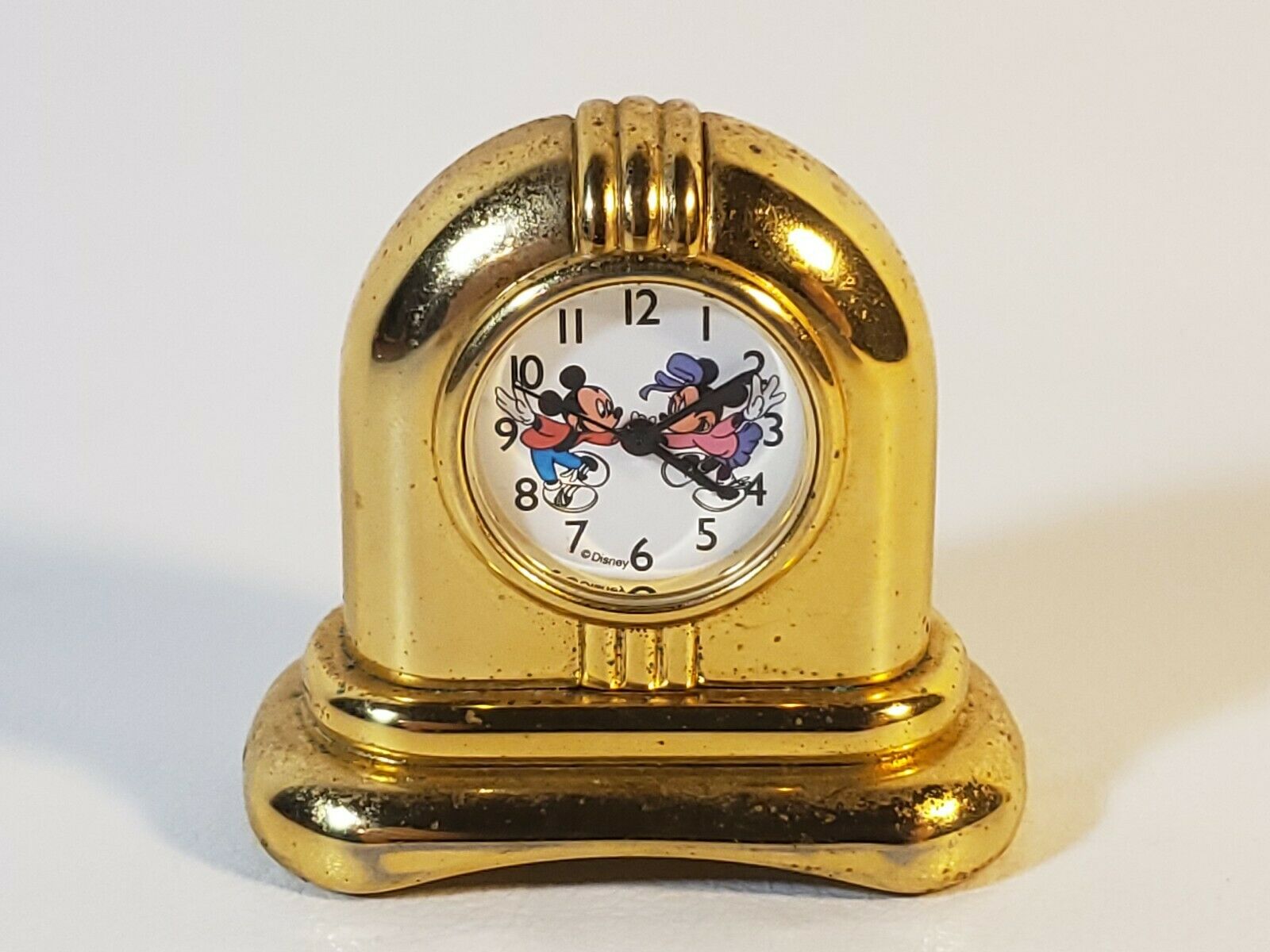 "mini 1.5"  Disney Minnie & Mickey Mouse Brass  Desk Quartz Clock As-is