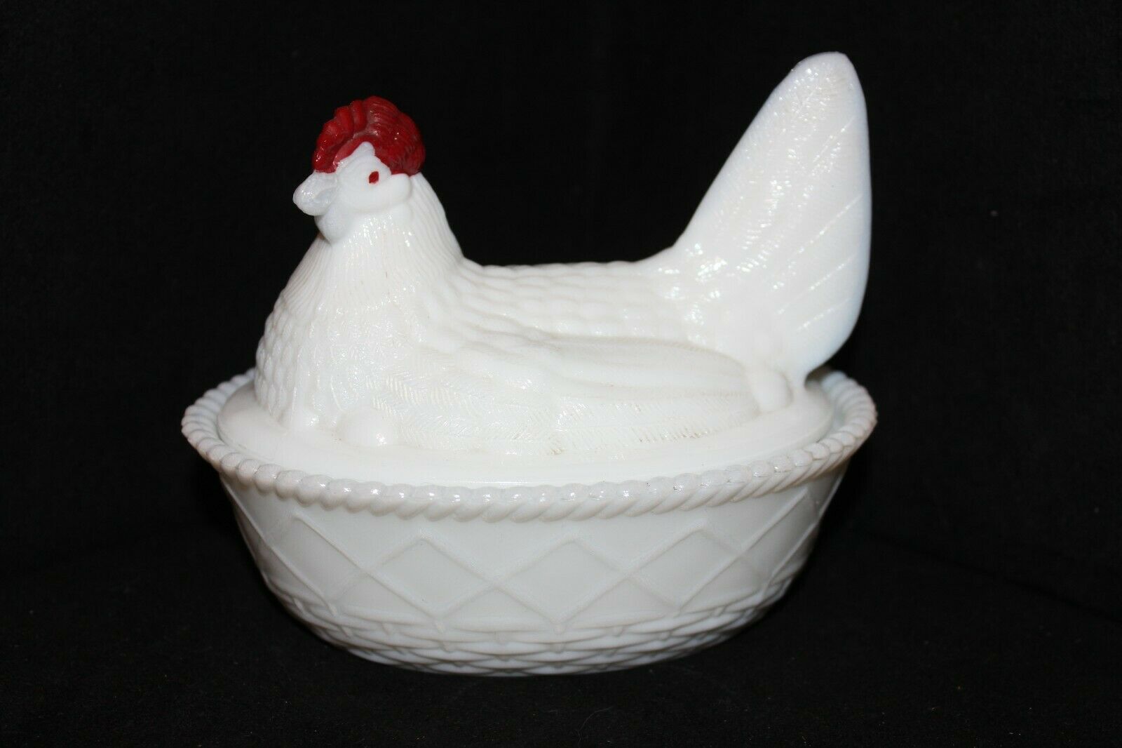 Vintage Westmoreland White Milk Glass Chicken Covered Dish, Red Crest, 4.5 X 5.5